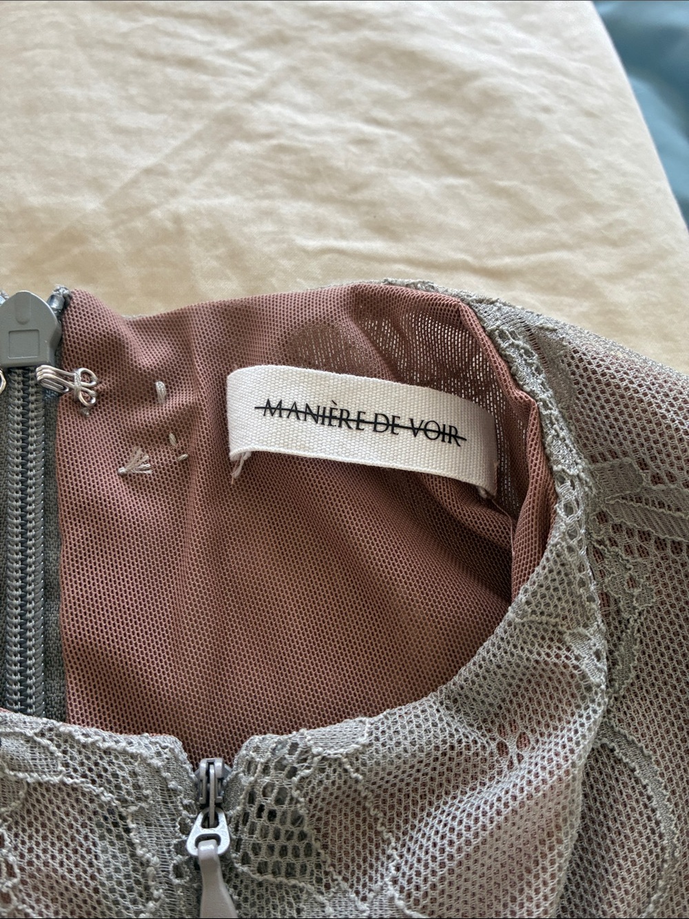 Maniere De Voir Lace Romper in Dusty Rose and Light Gray